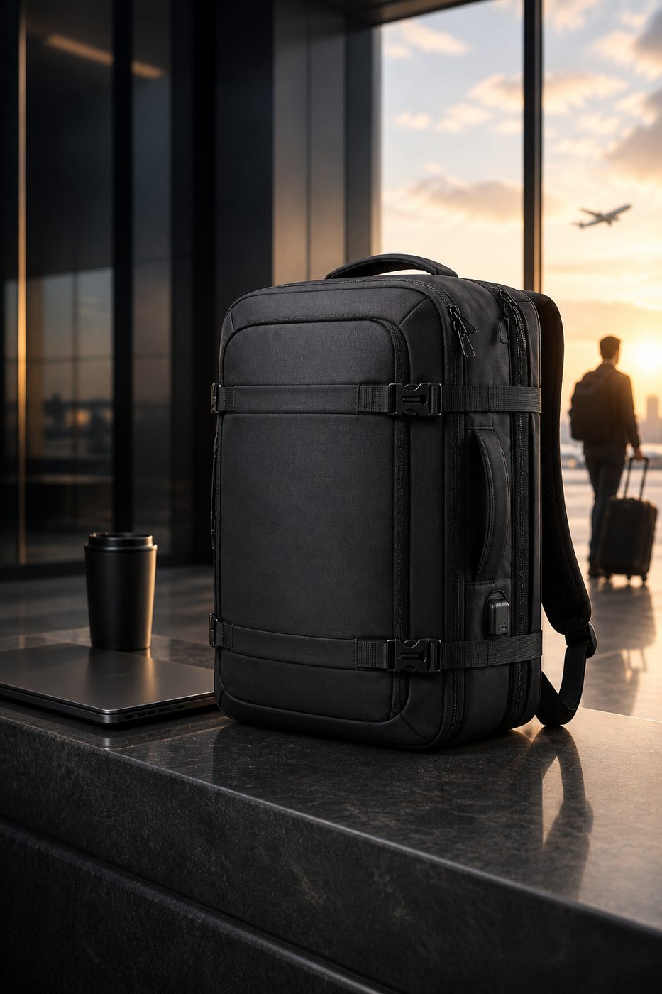NOMAD FLEX en terminal: mochila negra con laptop y vaso, lista para viajar