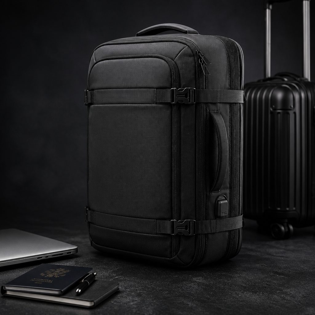 NOMAD FLEX en estudio: mochila expandible 3-way con laptop y maleta